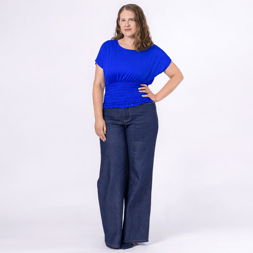 blue bamboo jersey top with shirred waist
