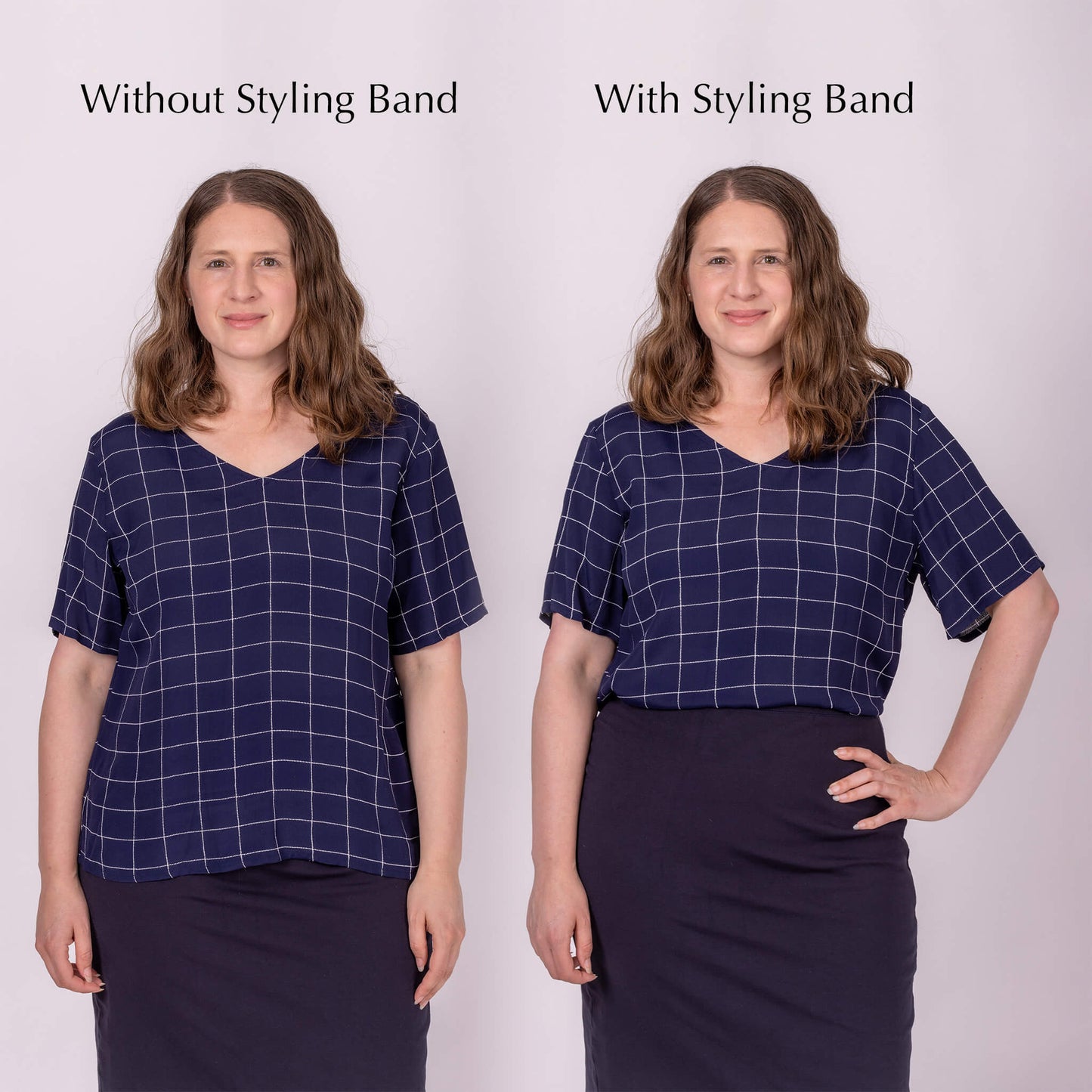 Comparison of a woman wearing a navy blue checkered top with and without a styling band