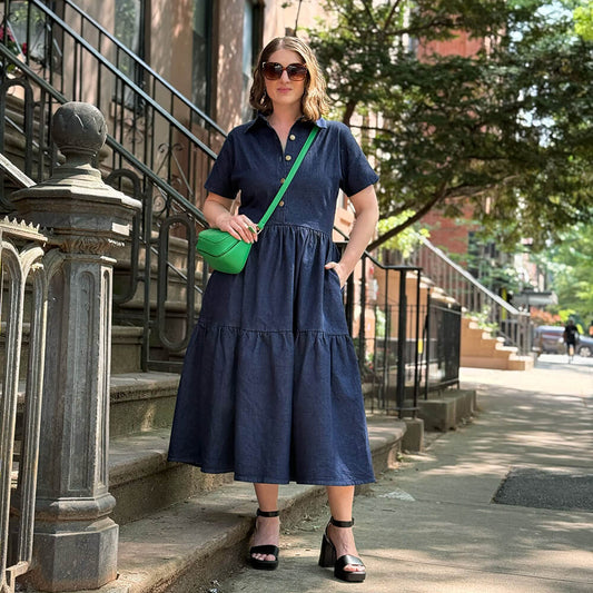designer denim dress worn in brooklyn NYC