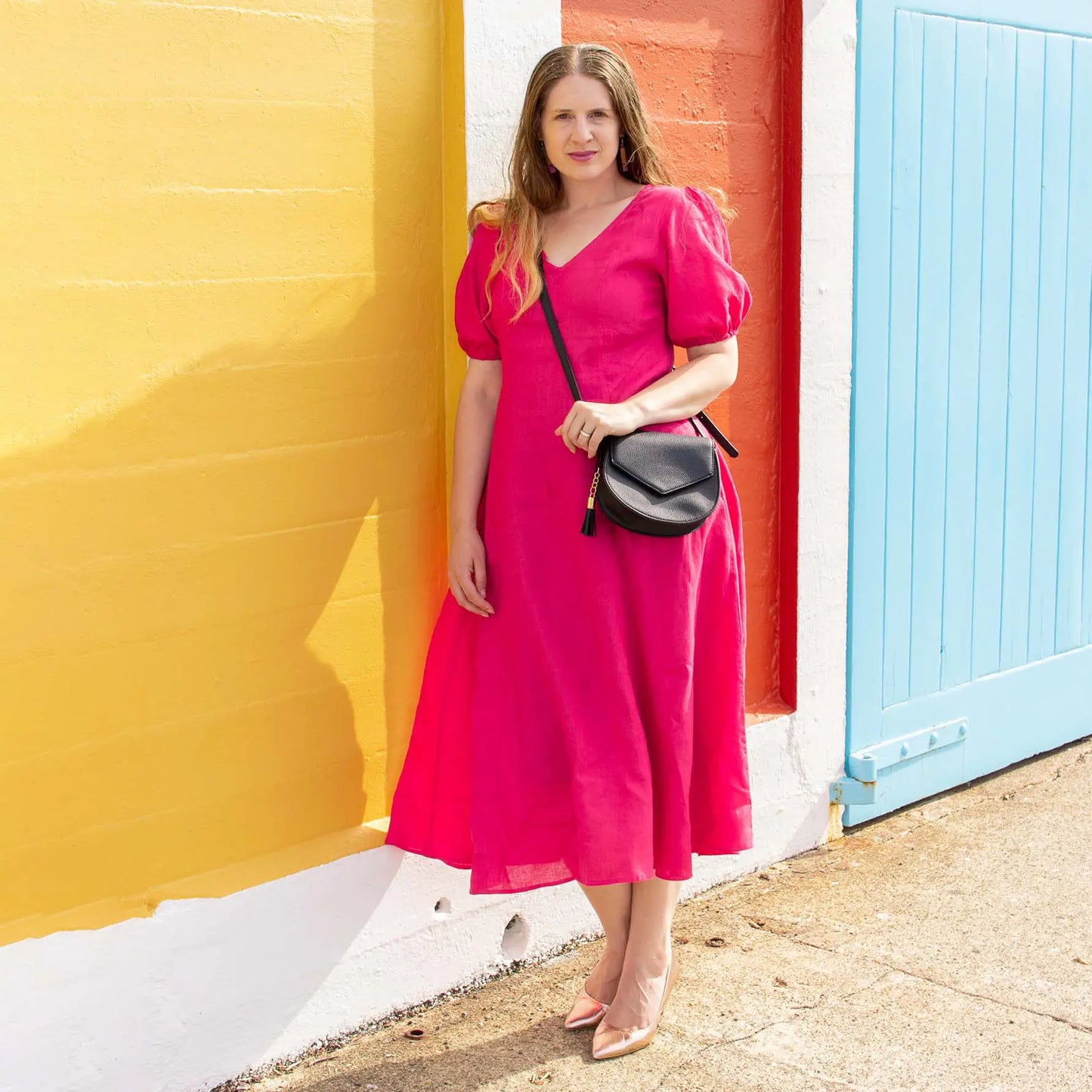 cerise linen midi dress worn at wellington boat sheds