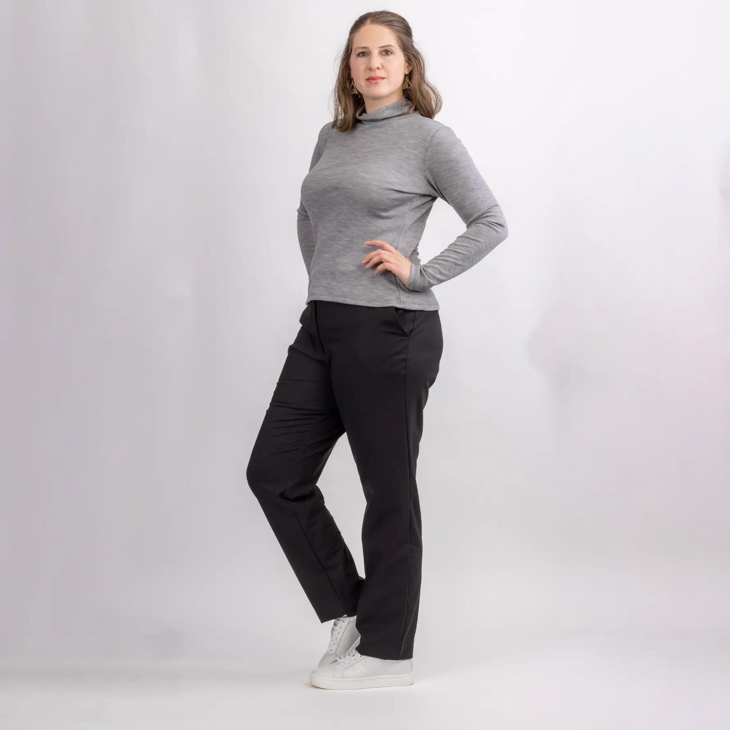 grey marle merino top with long sleeves and turtle neck