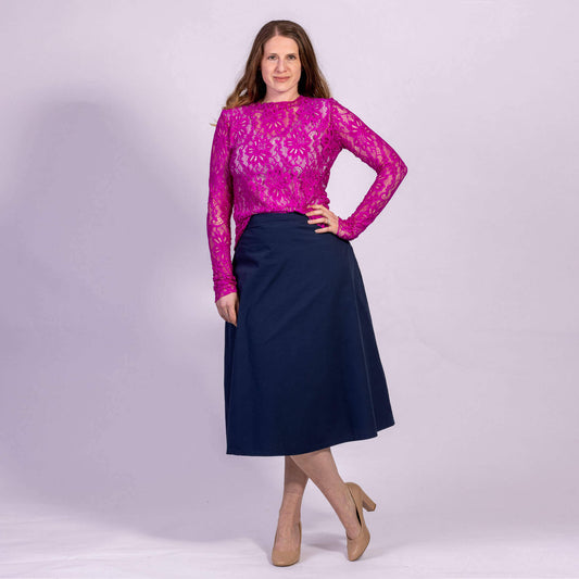 midi length womens navy skirt