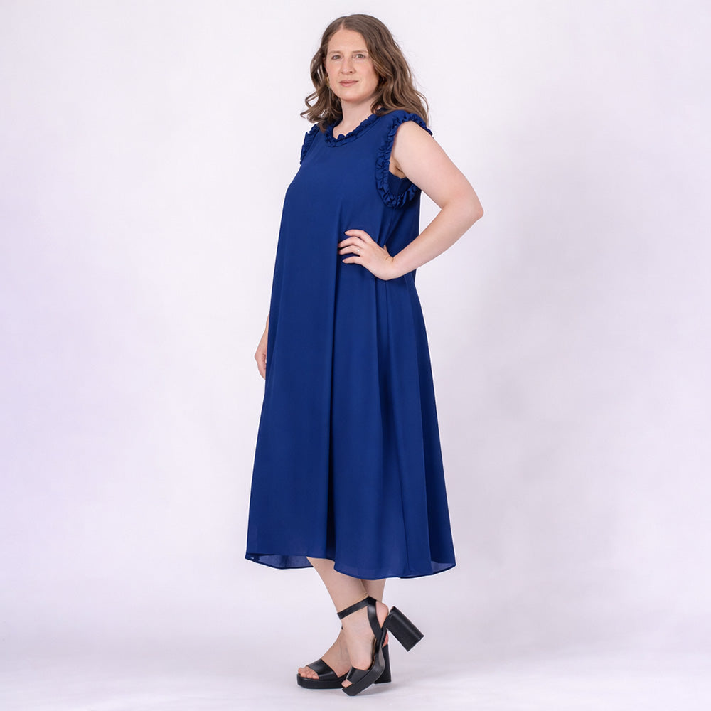 blue sleeveless midi wedding guest dress