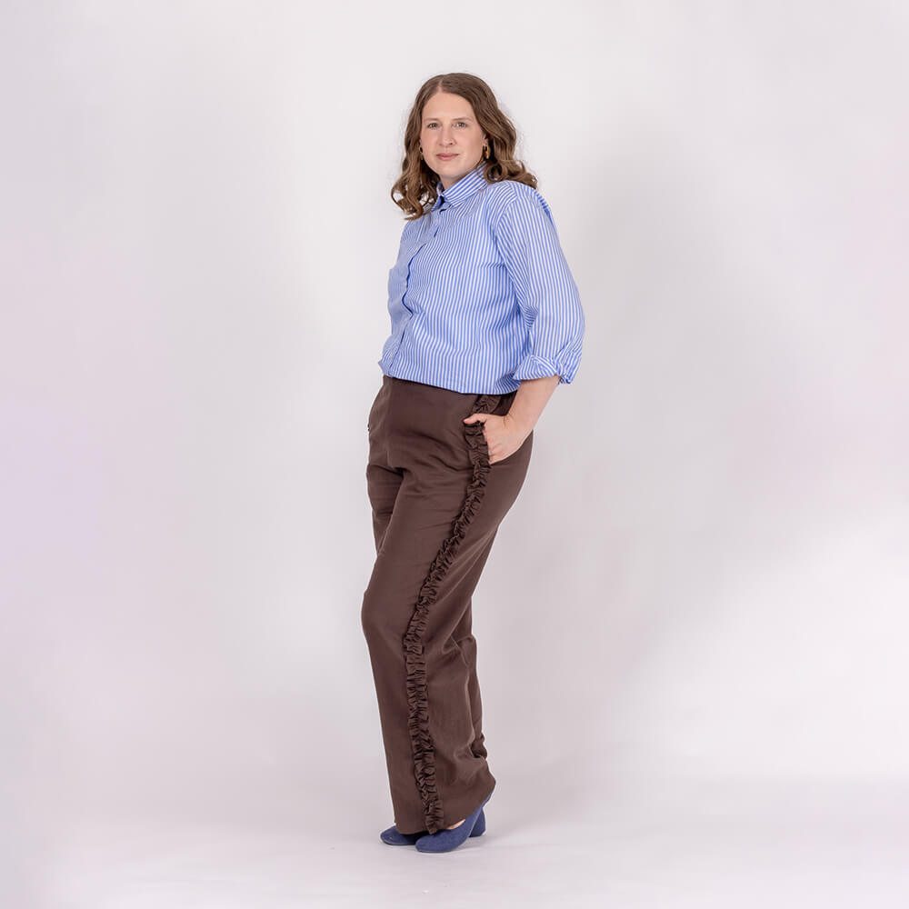 brown linen wide leg trouser with pockets and ruffles