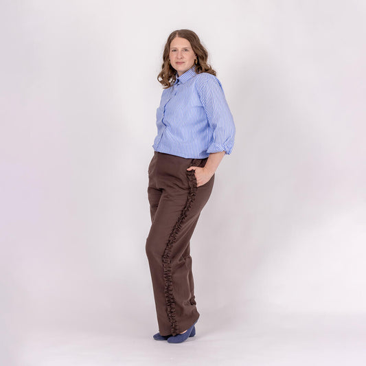 brown linen wide leg trouser with pockets and ruffles