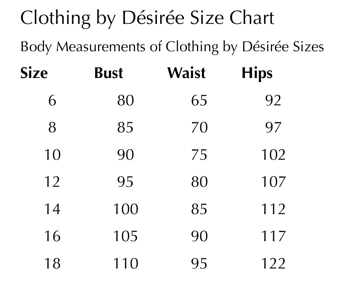Clothing by Désiré size chart with body measurements.