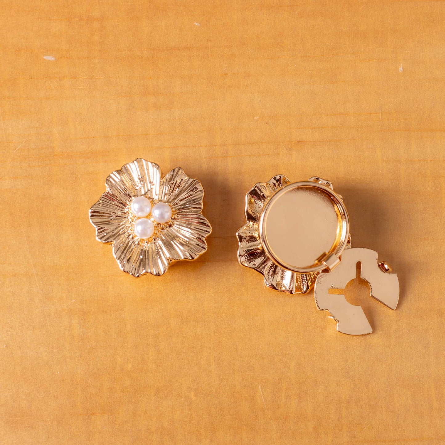 gold flower with pearls clip on button covers