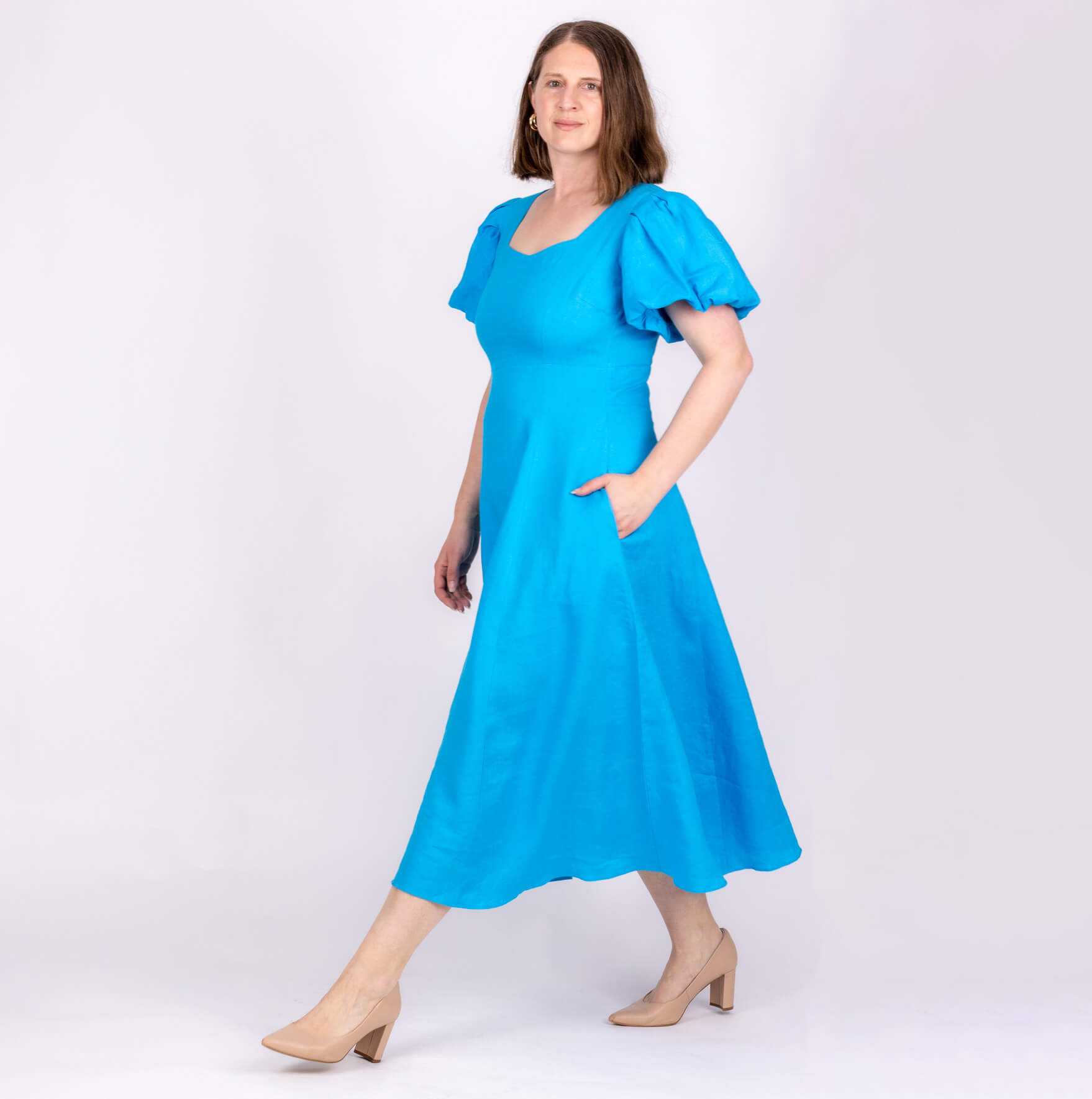 blue linen dress with puffy sleeves