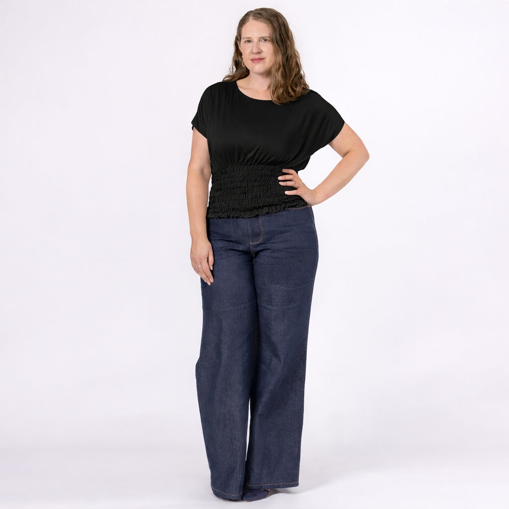 black bamboo jersey top with shirred waist