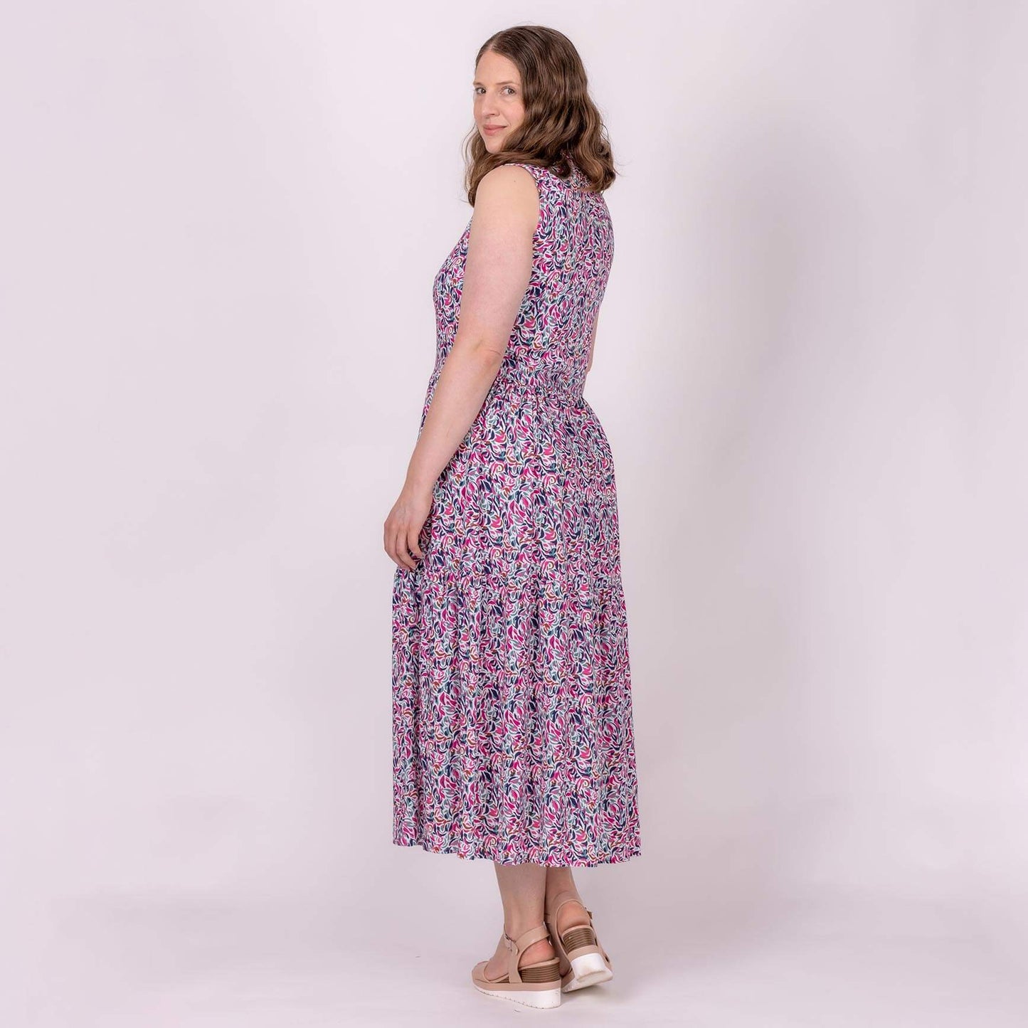 tiered midi shirt dress in pink print