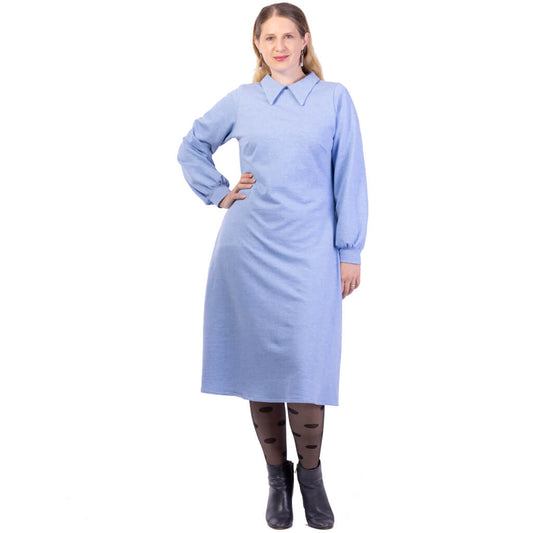 cornflower blue sweatshirt dress with a tailored collar