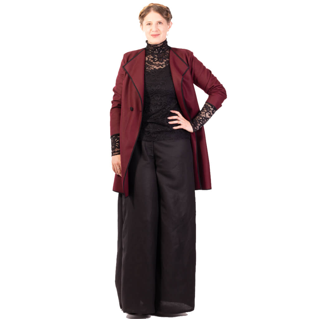burgundy designer coat with black edge detailing