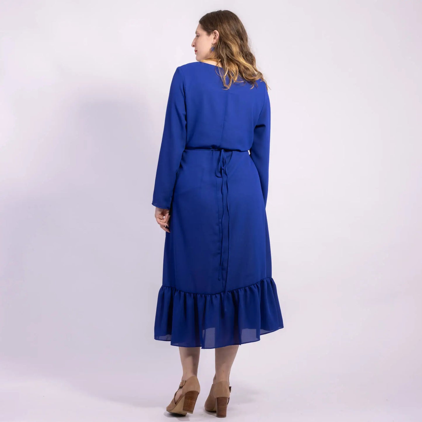 blue kiwi designer dress with frill hem