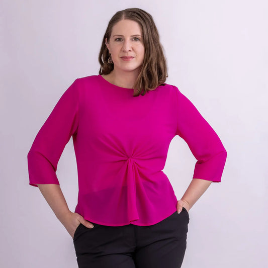 cerise pink round neck 3/4 sleeve ladies top with a gather front detail