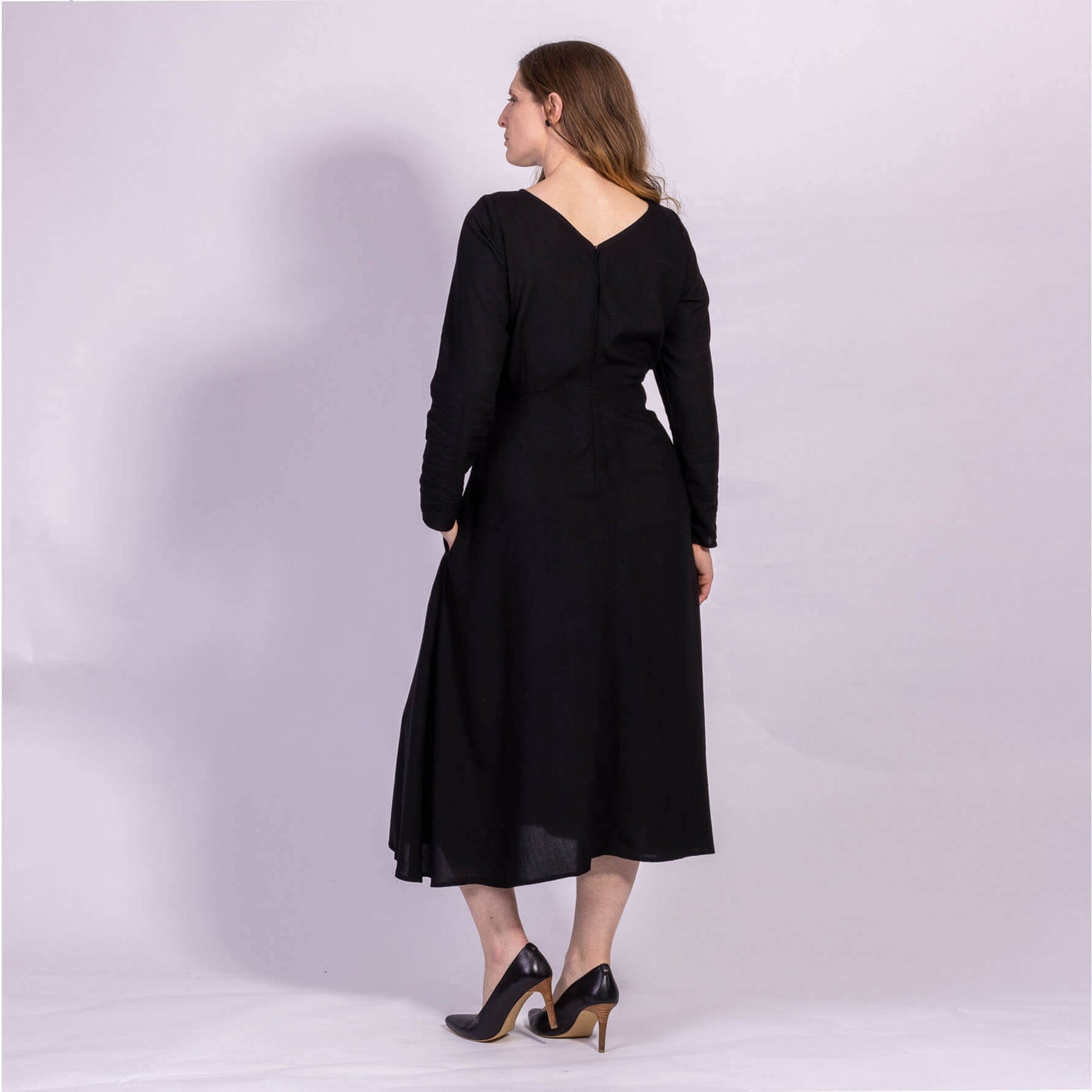 long sleeve black designer dress