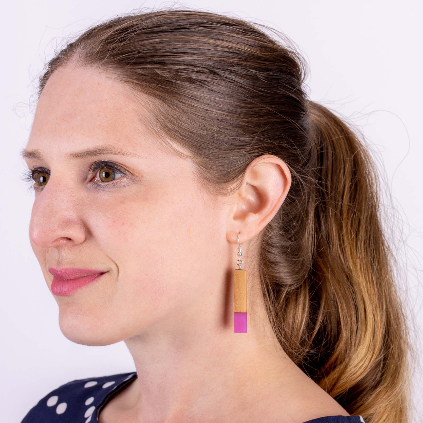 dangly pink resin and wood earrings from desiree