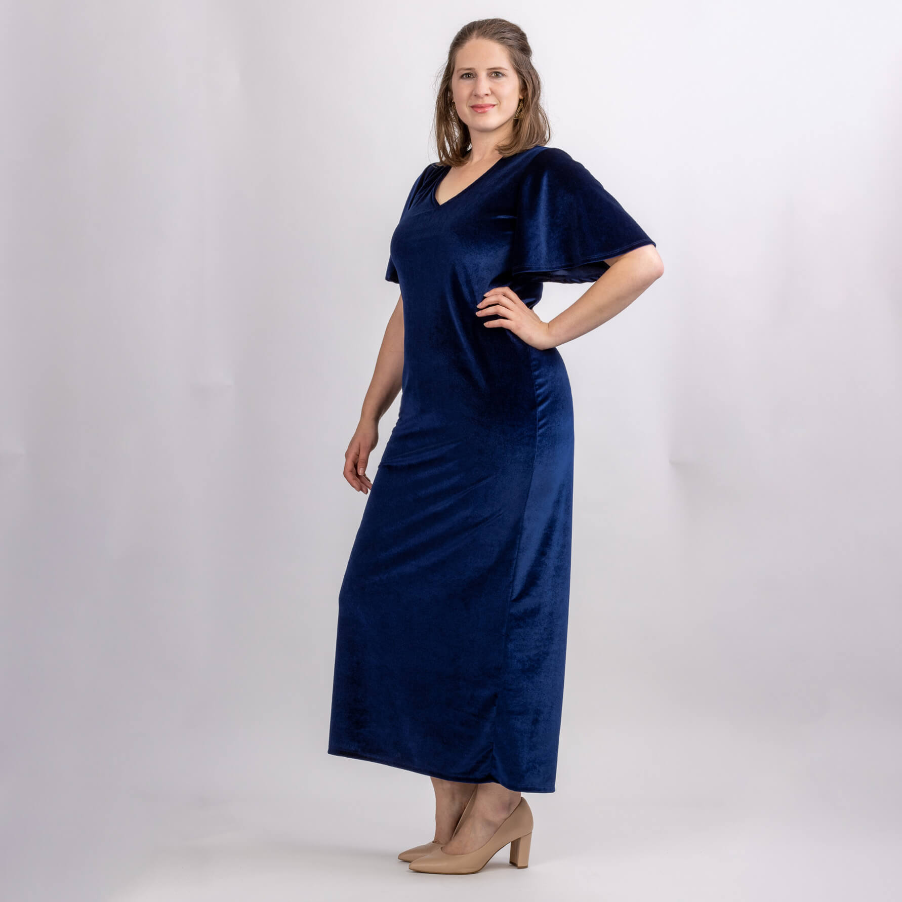 navy blue velvet midi length designer dress