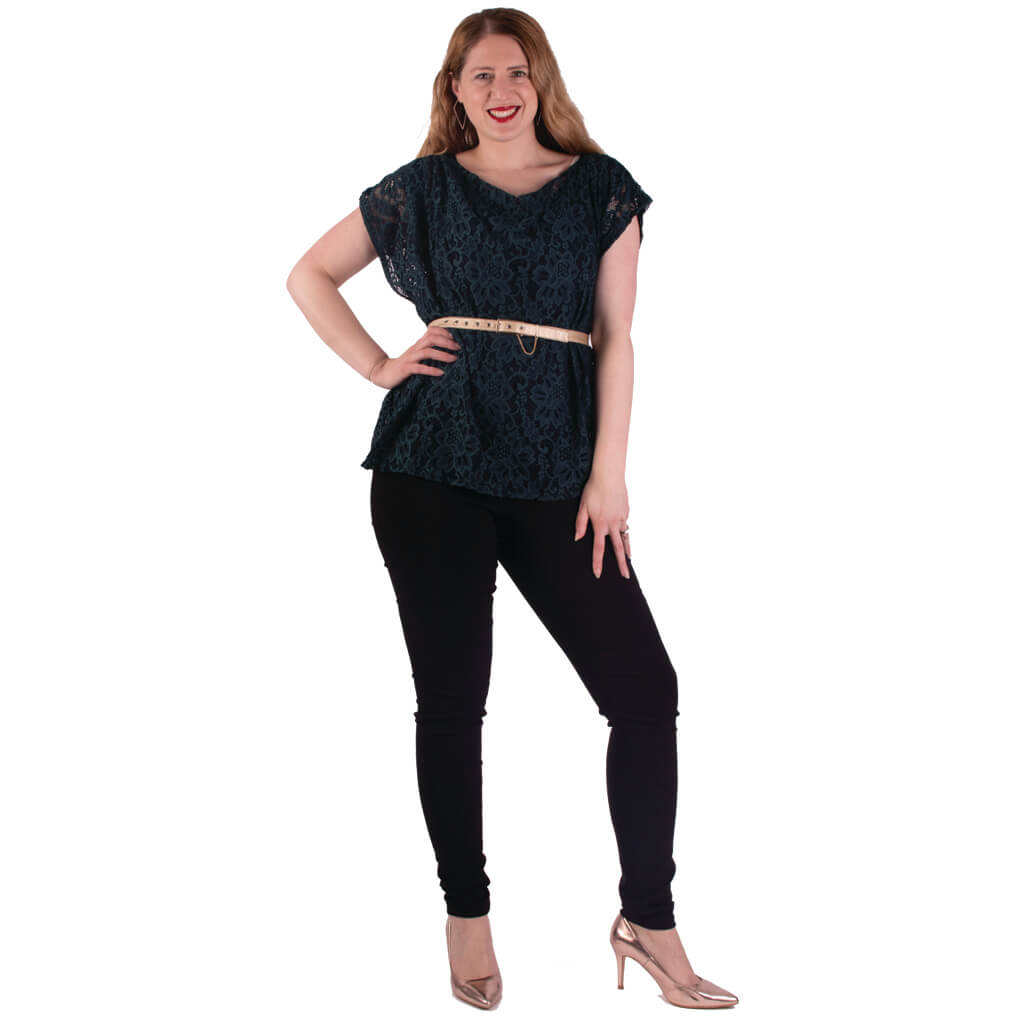 ladies lacey zero waste top with gold belt