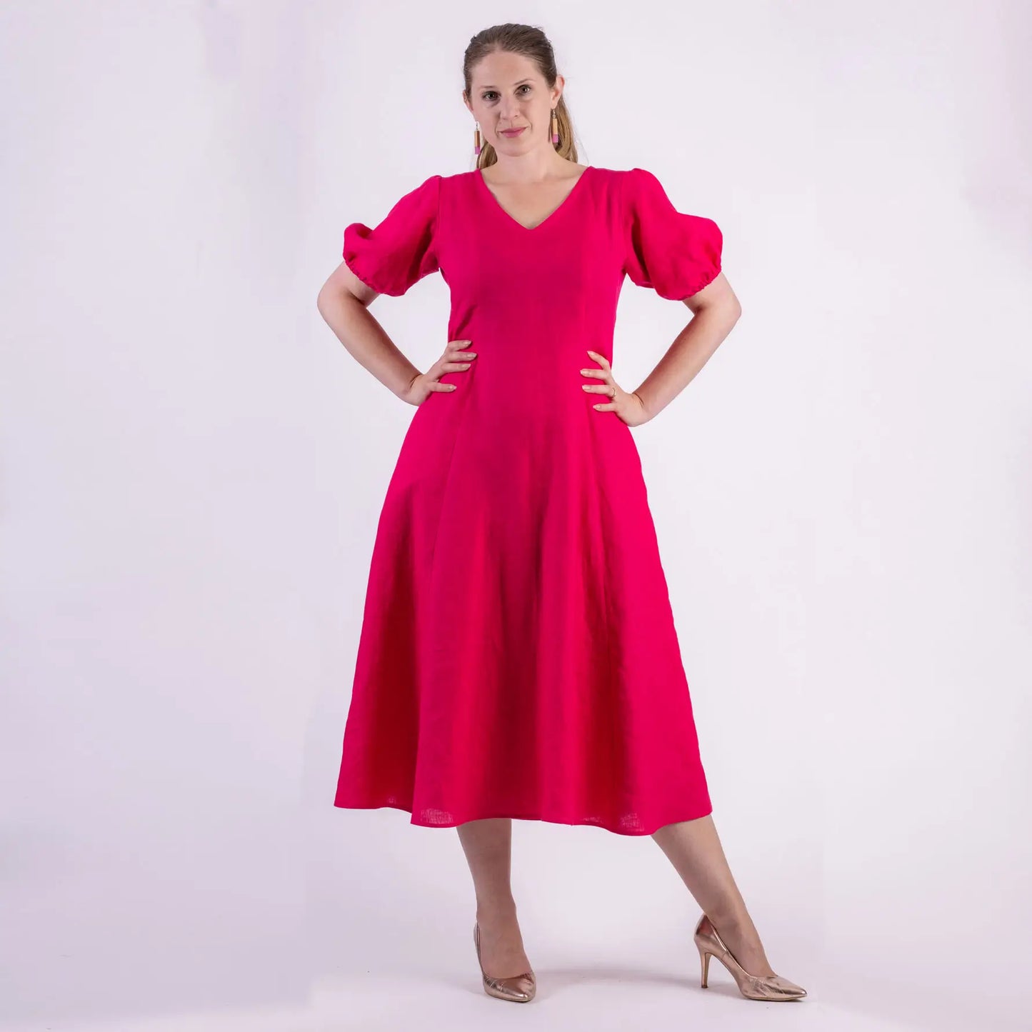 pink linen midi length dress made in NZ