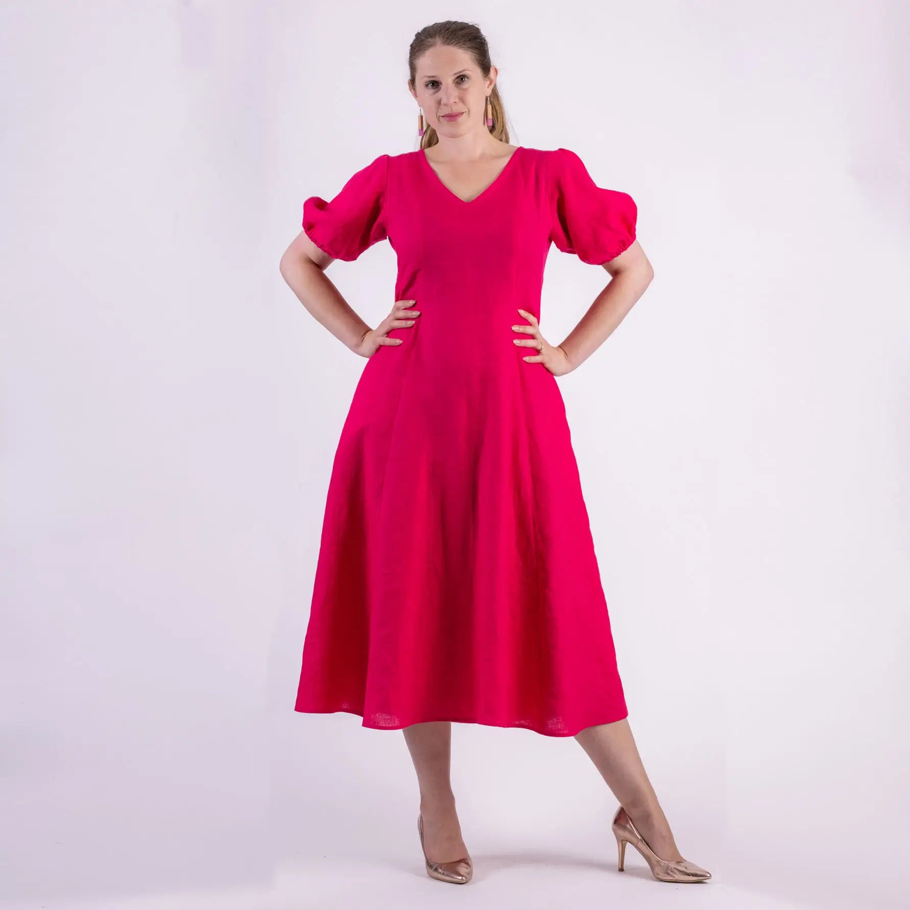 pink linen midi length dress made in NZ