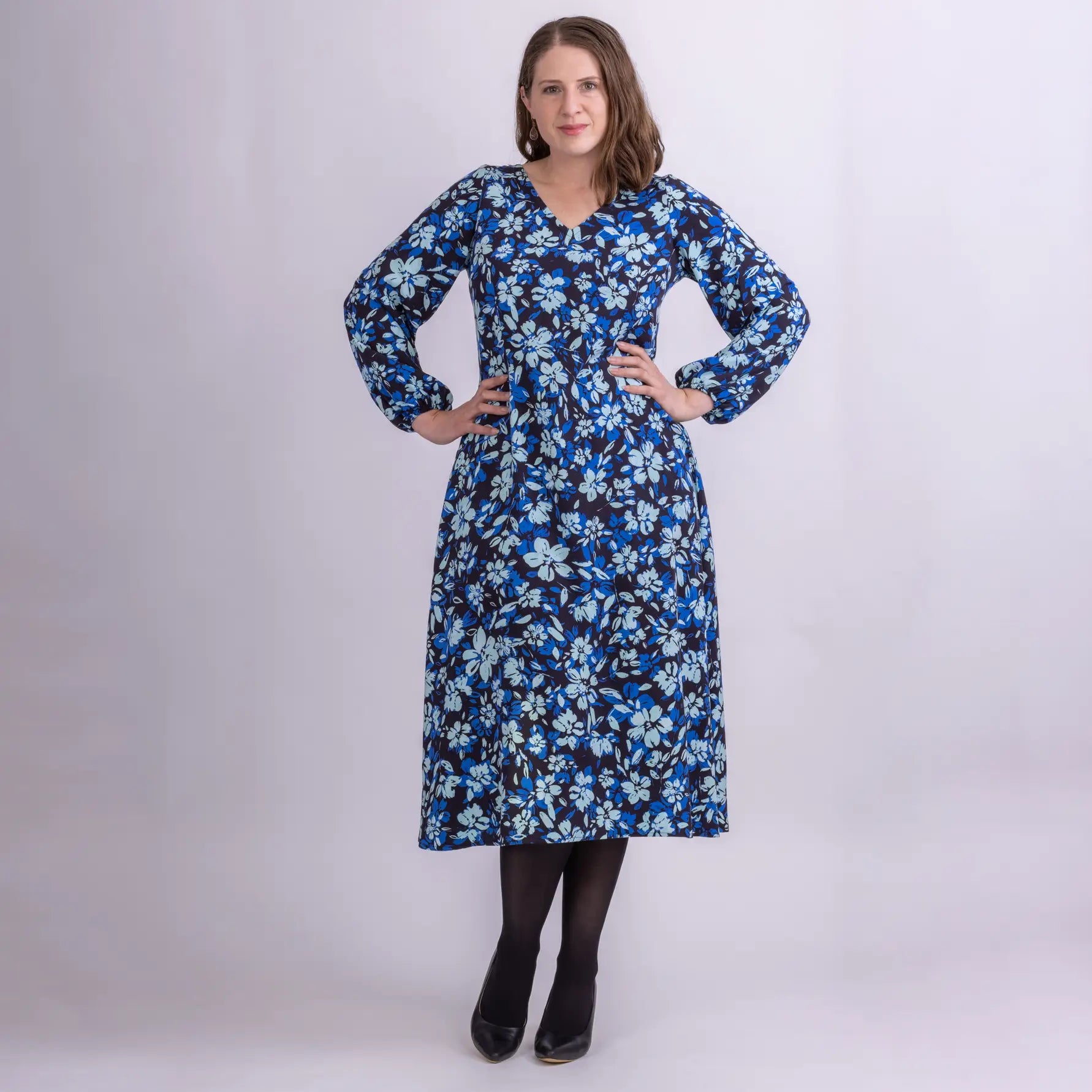 blue floral print long sleeve designer dress with pockets