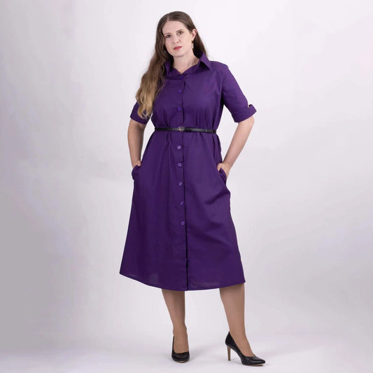 belted purple cotton shirt dress