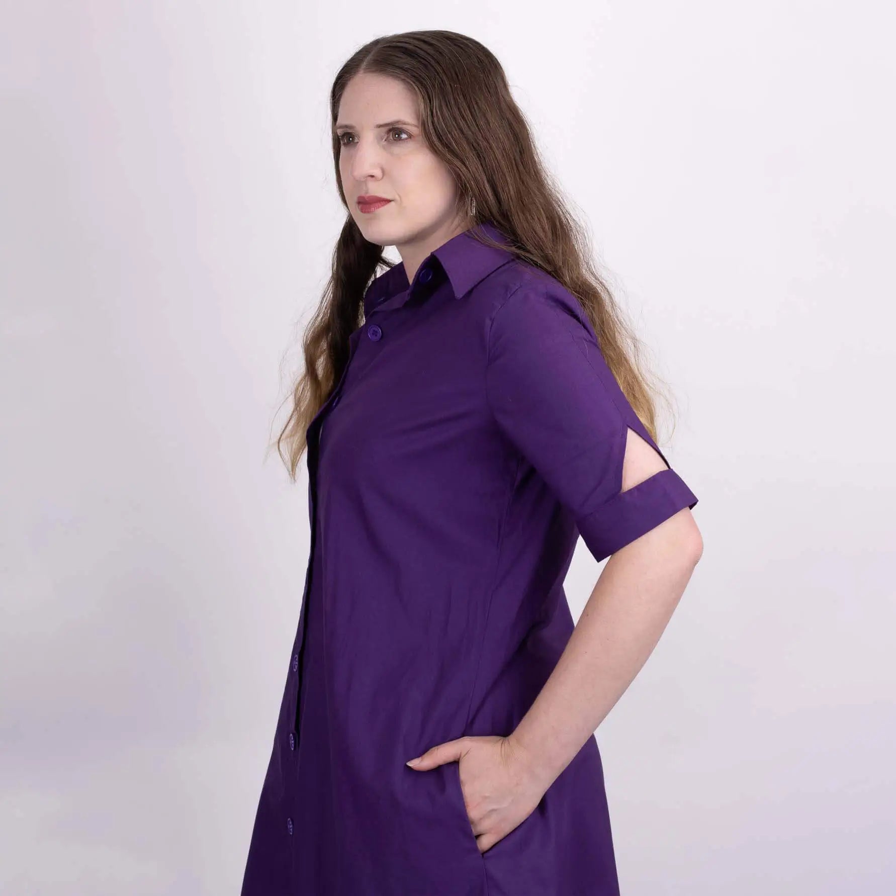 purple shirt dress with pockets and sleeve cut out