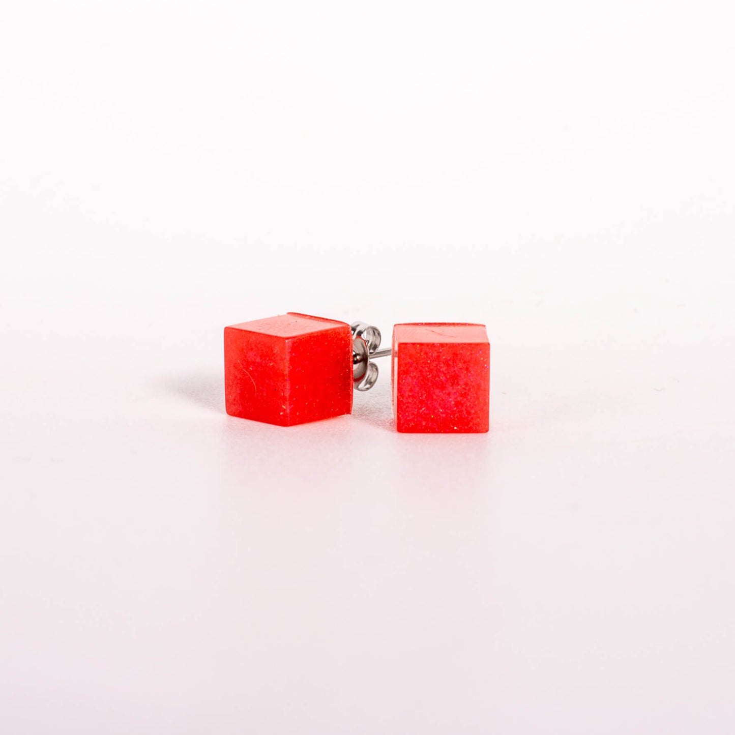 red cube earrings on surgical steel posts