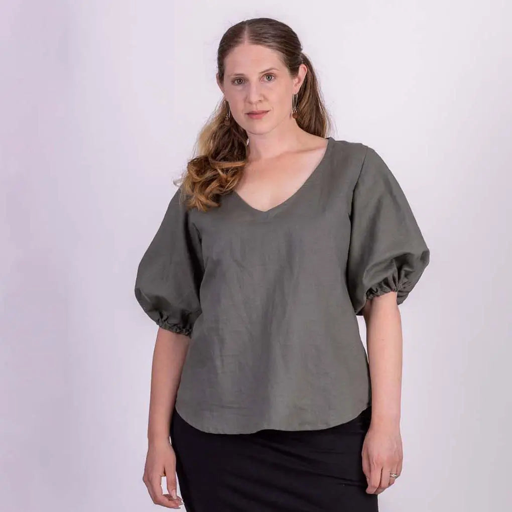 loose fit line blouse with vneck and puffy sleeves
