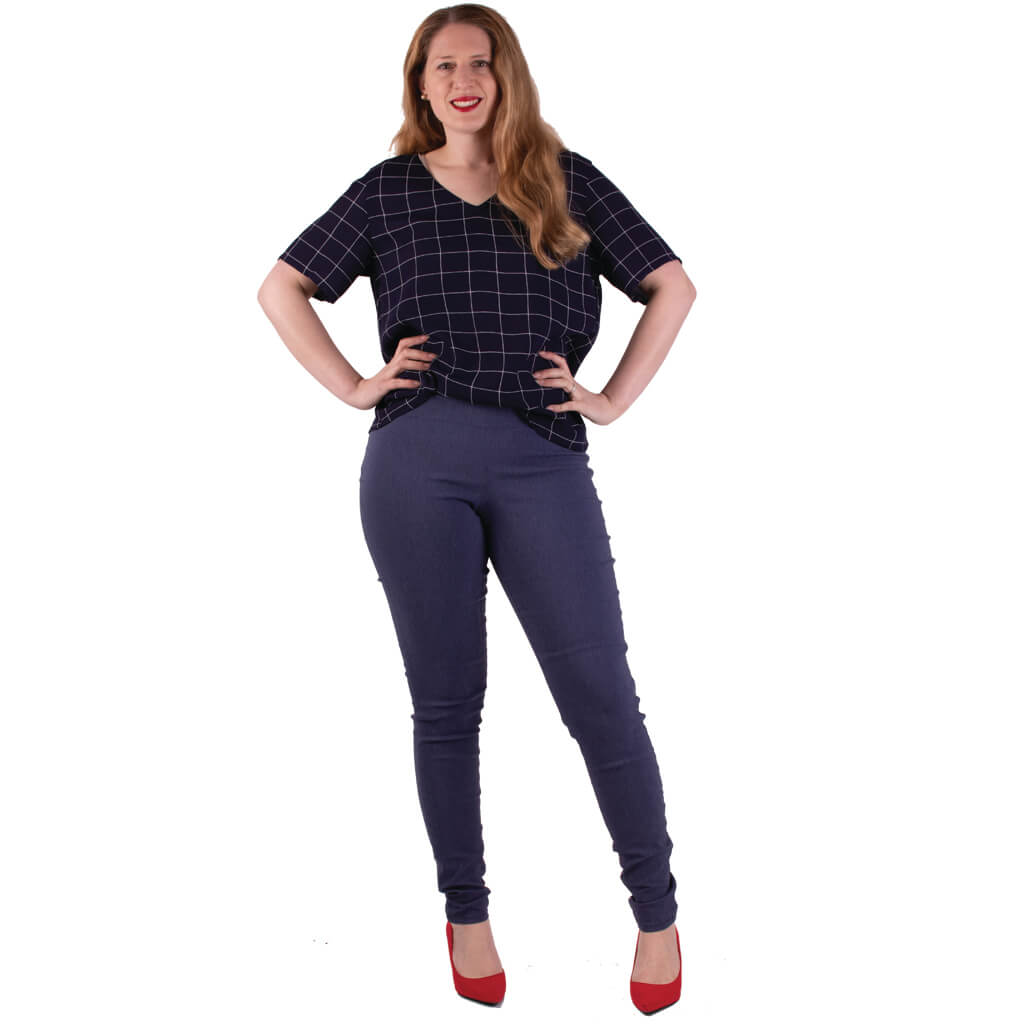 navy check v-neck blouse