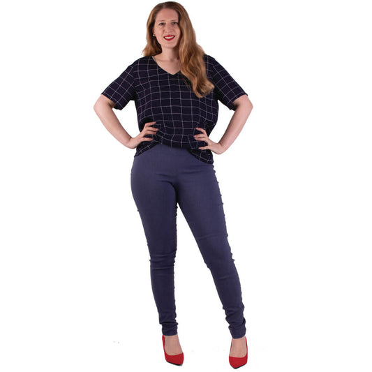 navy check v-neck blouse
